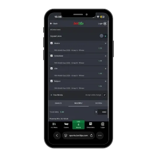 Bet9ja bet slip with group winners for World Cup 2026