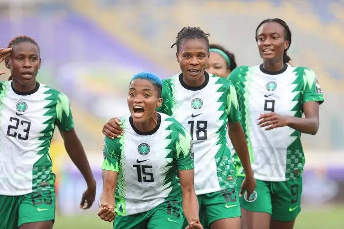 Rasheedat Ajibade (15) celebrates scoring a goal for Nigeria. Photo Credit X 