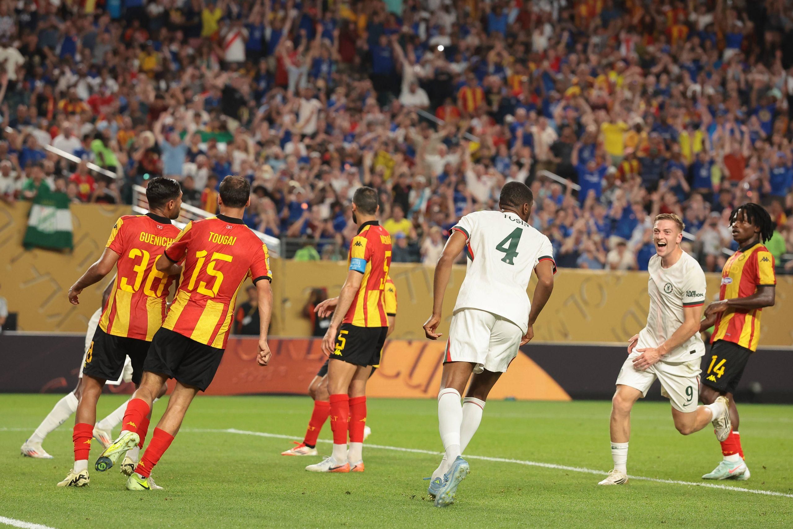 Tosin Adarabioyo of Chelsea FC celebrates with team mate Liam Delap after scoring to give the side a 1-0 lead during the ES Tunis vs Chelsea FIFA Club World Cup match 
