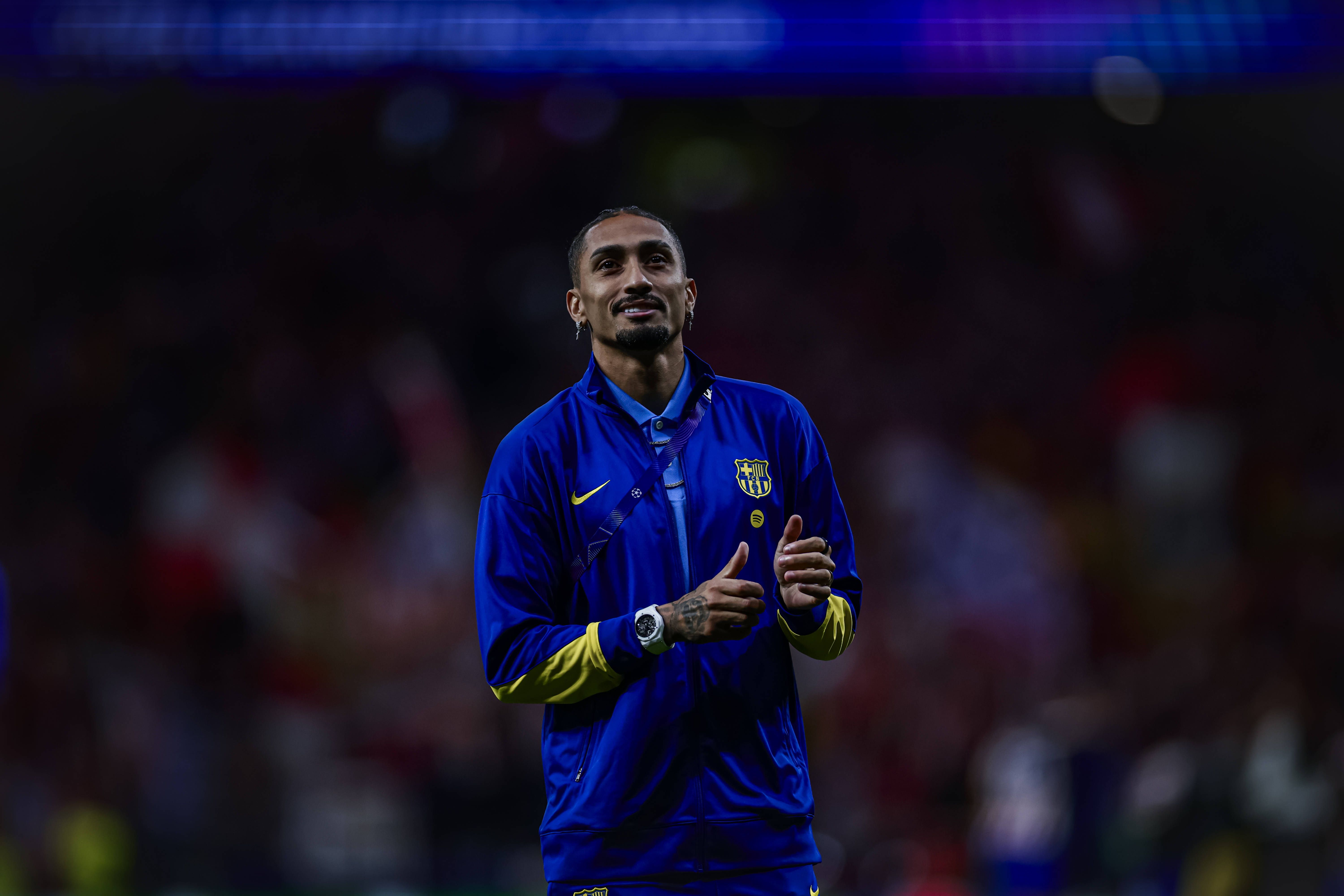 Raphinha of FC Barcelona during the quarter-final second leg UEFA Champions League match between Atletico de Madrid and FC Barcelona at Riyadh Air Metropolitano Stadium