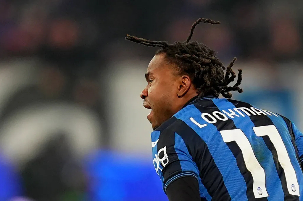Atalanta's Ademola Lookman celebrates after scoring 1-3 during the Uefa Champions League soccer match between Atalanta BC and Club Brugge