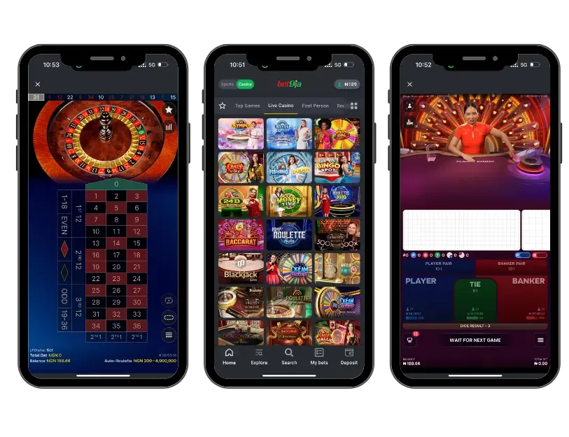 Live casino homepage on Bet9ja casino with Roulette and Baccarat games 