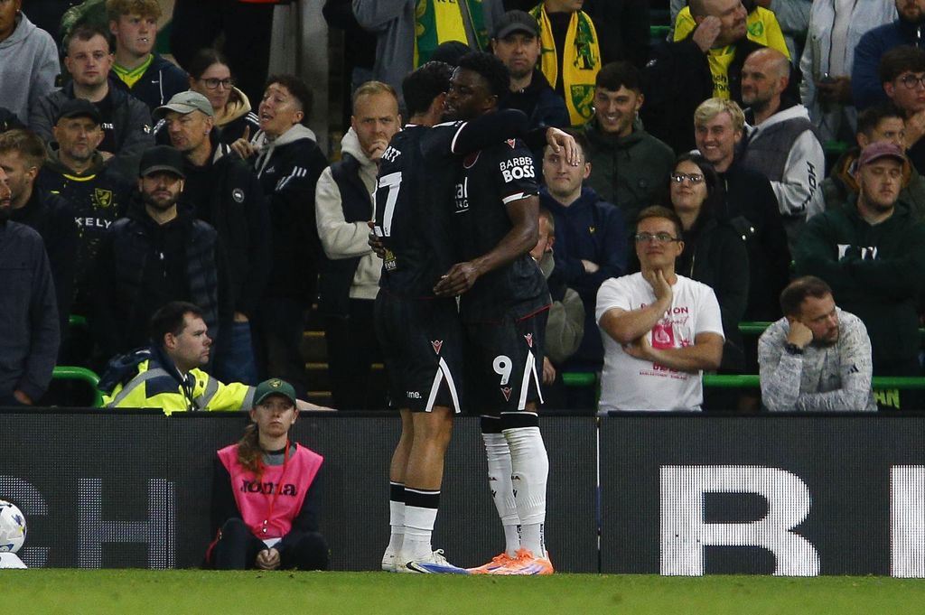 Josh Maja celebrates scoring his sides 1st goal during the Sky Bet Championship match at Carrow Road, Norwich UK