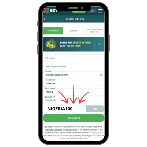 22Bet promo code entered in the promo code field during registration.