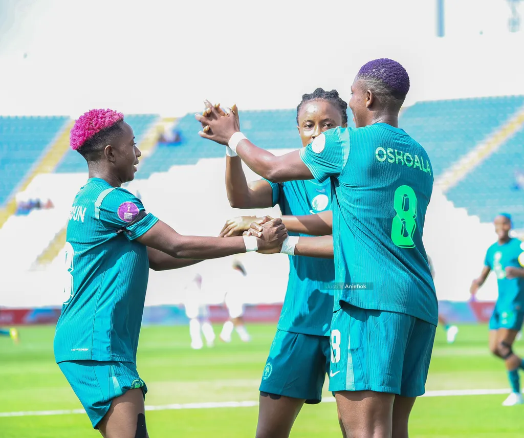 Super Falcons celebrate Asisat Oshoala's opener against Tunisia at the WAFCON 2024 tournament