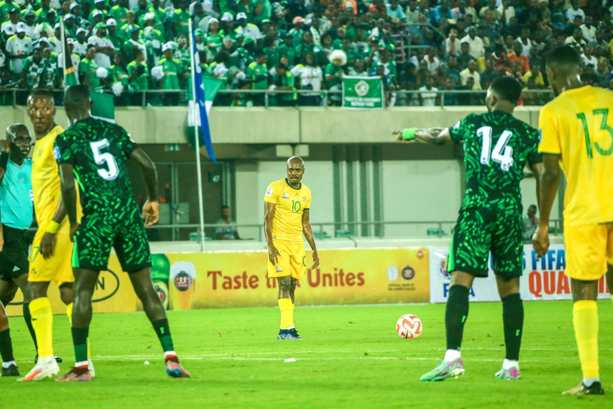 South Africa's Percy Tau about to take a set piece against Nigeria