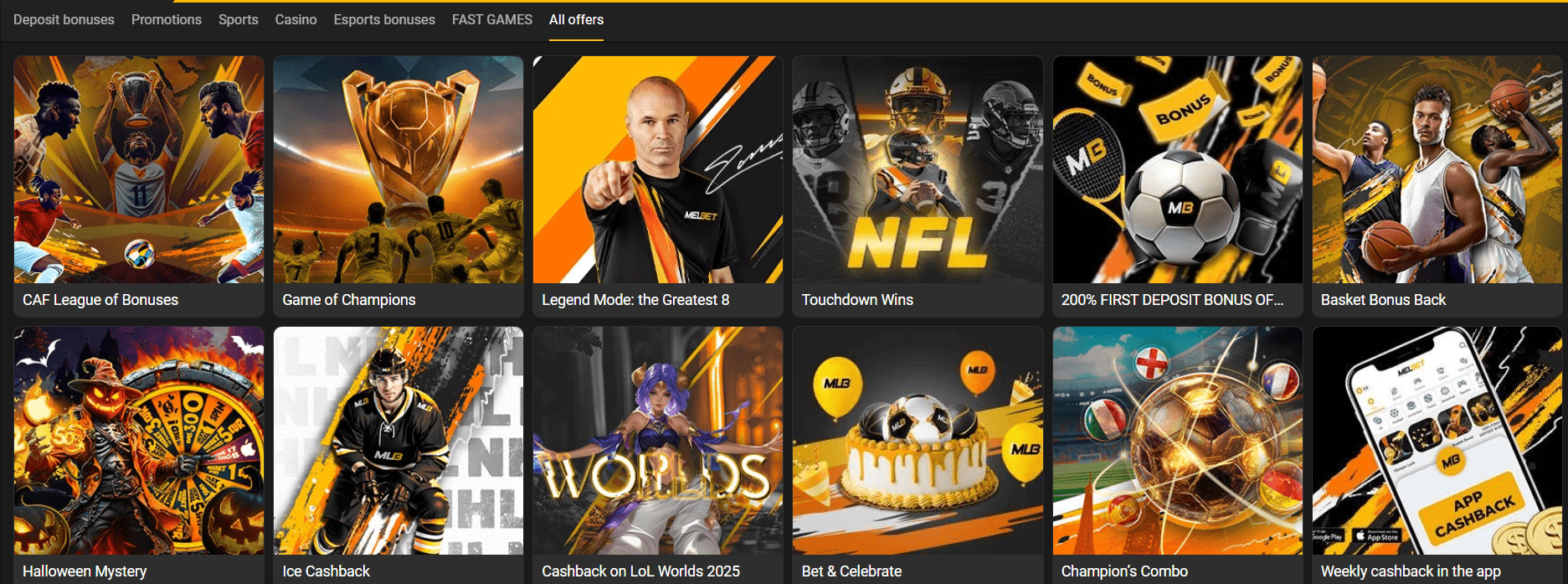 Melbet promotions page showing multiple sportsbook and casino bonus offers.