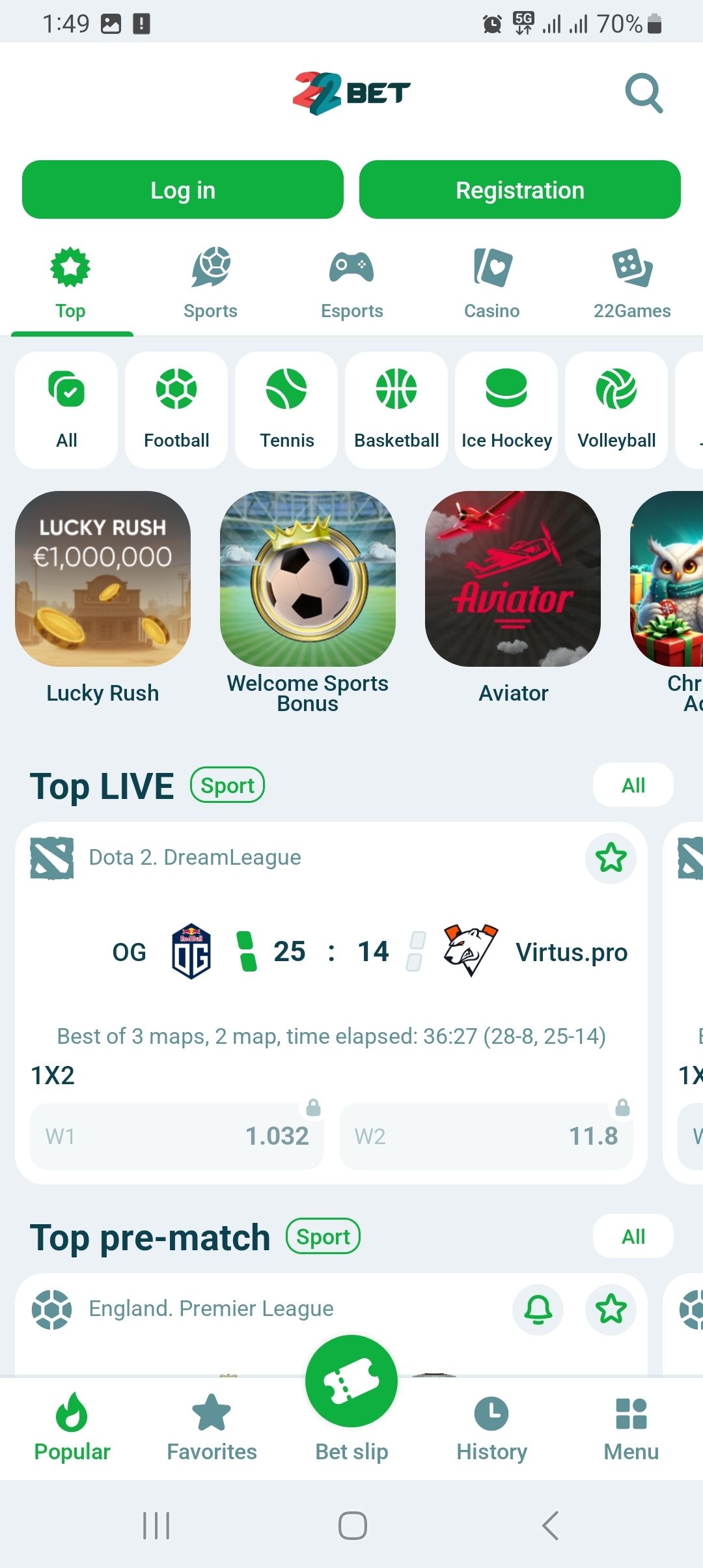 22bet App Screenshot a mobil felületről