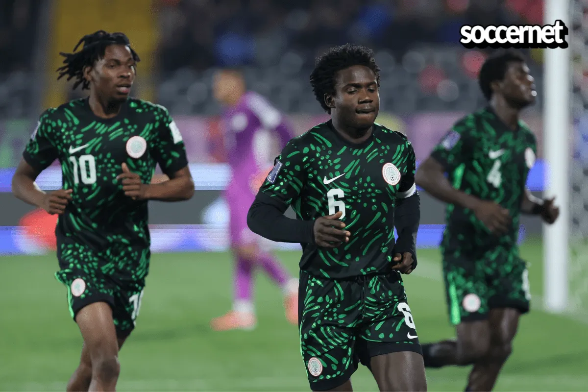 Daniel Bameyi and Israel Ayuma celebrate Nigeria s Flying Eagles goal