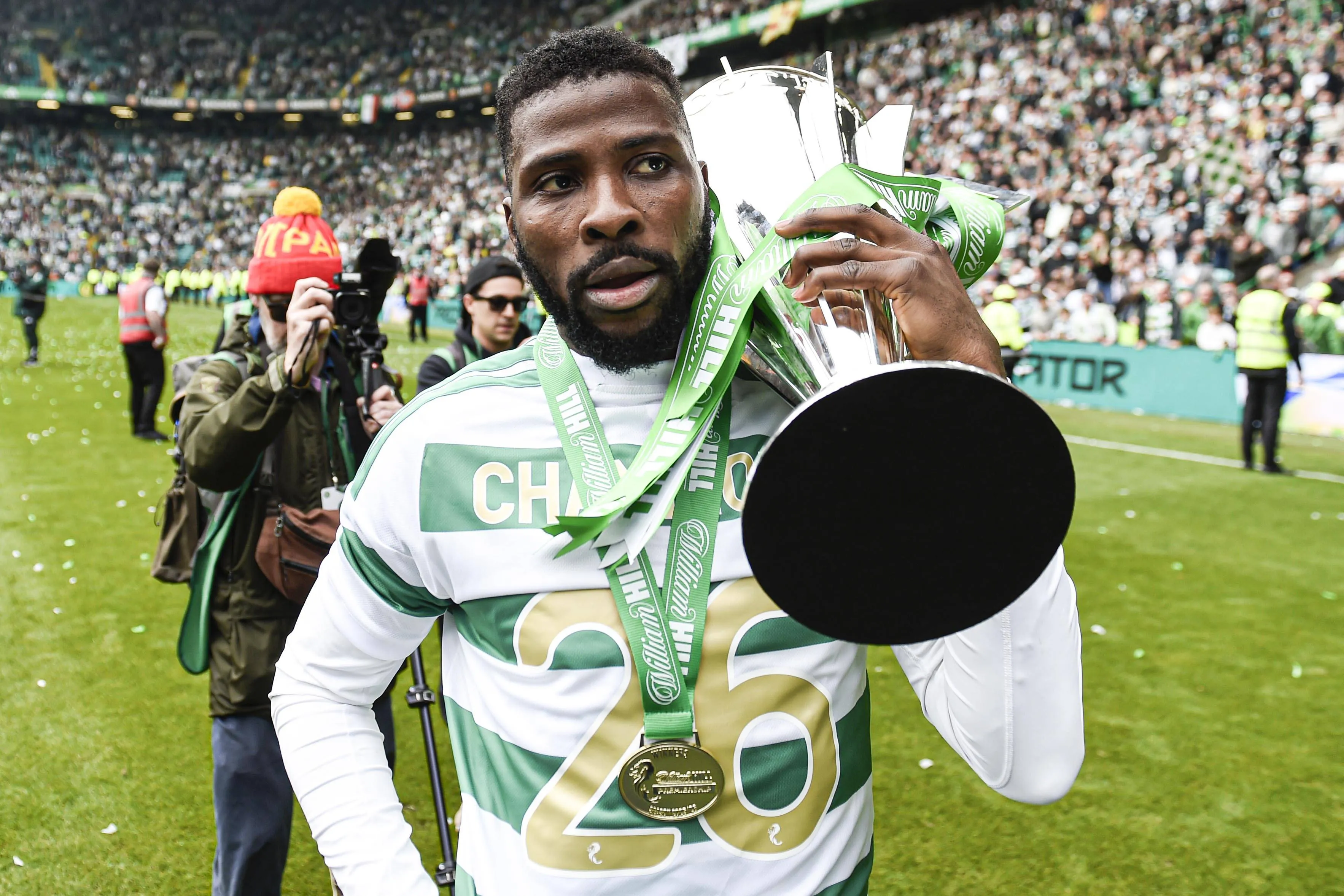 Kelechi Iheanacho of Celtic poses with the William Hill Premiership Trophy at full time during the William Hill Premiership match at Celtic Park, Glasgow.
