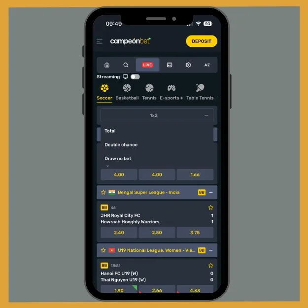 Campeonbet live betting feature with clear interface