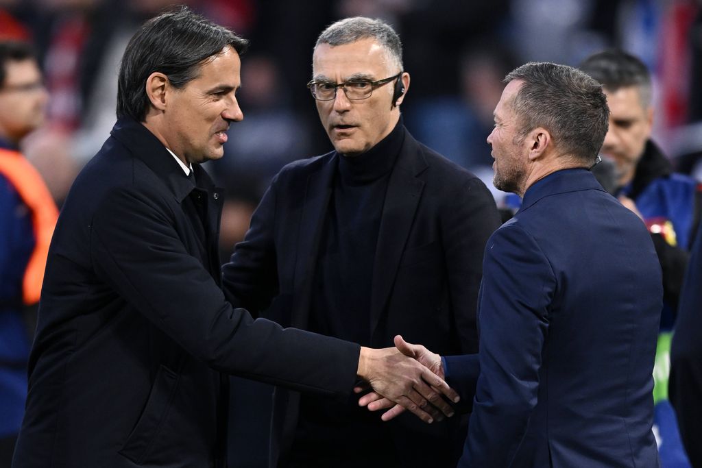 Simone Inzaghi, Lothar Matthaus, Giuseppe Bergomi shake hands before the Bayern vs Inter Milan clash