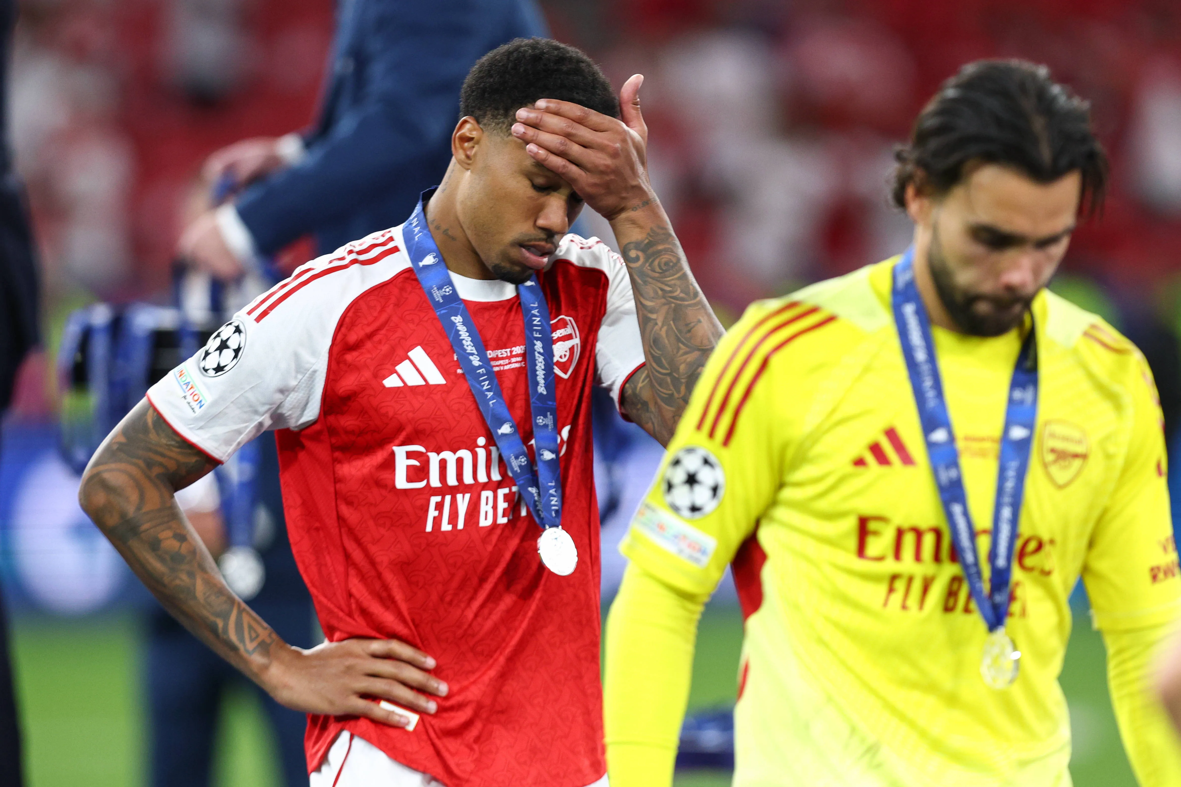 Gabriel Magalhaes of Arsenal reacts after collecting his losers medal