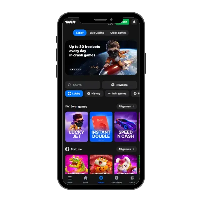1Win casino on mobile with bottom menu and free bets bonus for Crash games.