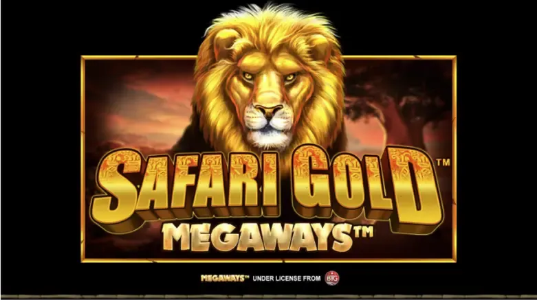 Safari Gold Megaways slot game front page with Lion in the focus.