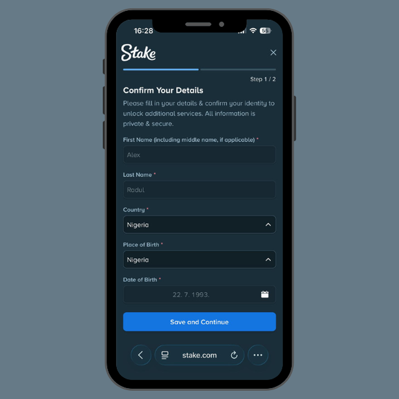 Stake verification page showing fields for first name, last name, place of birth, and date of birth.
