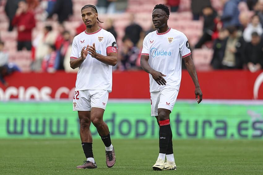 Loic Bade and Akor Adams of Sevilla FC during the La Liga match between Sevilla FC and Athletic Club