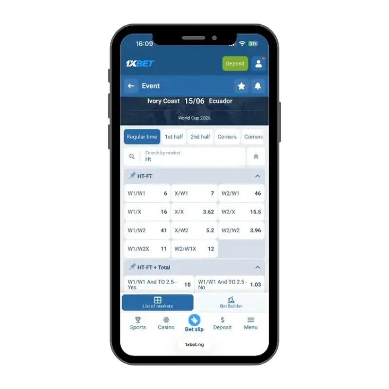 1xBet HT/FT betting options and odds, illustrating the home/away halftime/fulltime meaning in betting.
