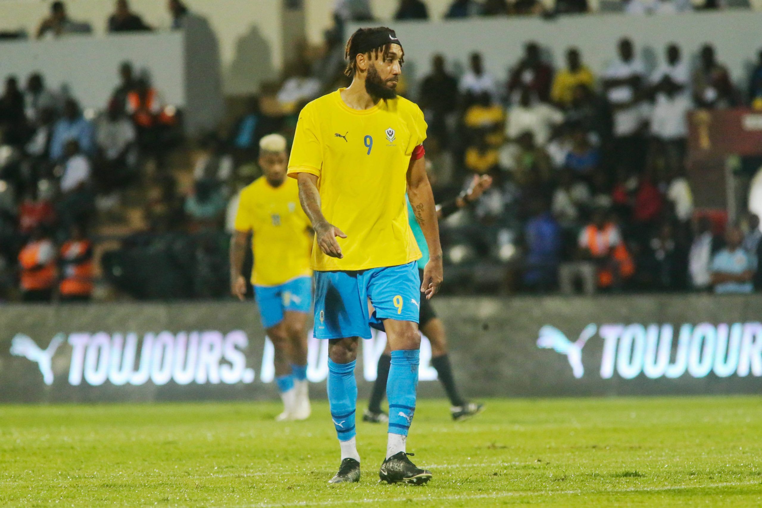 Pierre-Emerick Aubameyang of Gabon and Jamal Harkass of Morocco during a 2025 Men Africa Cup of Nations AFCON qualifier match