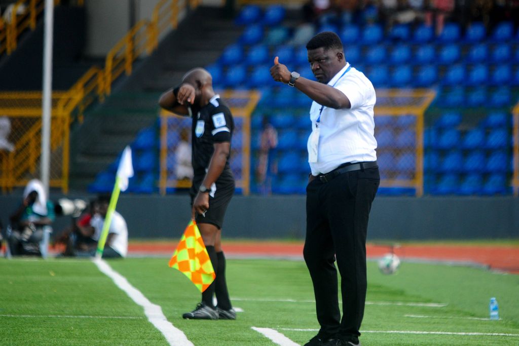 Coach Daniel Ogunmodede of Remo during the Caf Champions League match between Remo Stars and Mamelodi Sundown at MKO Abiola Stadium on October 19, 2025 in Abeokuta, Nigeria