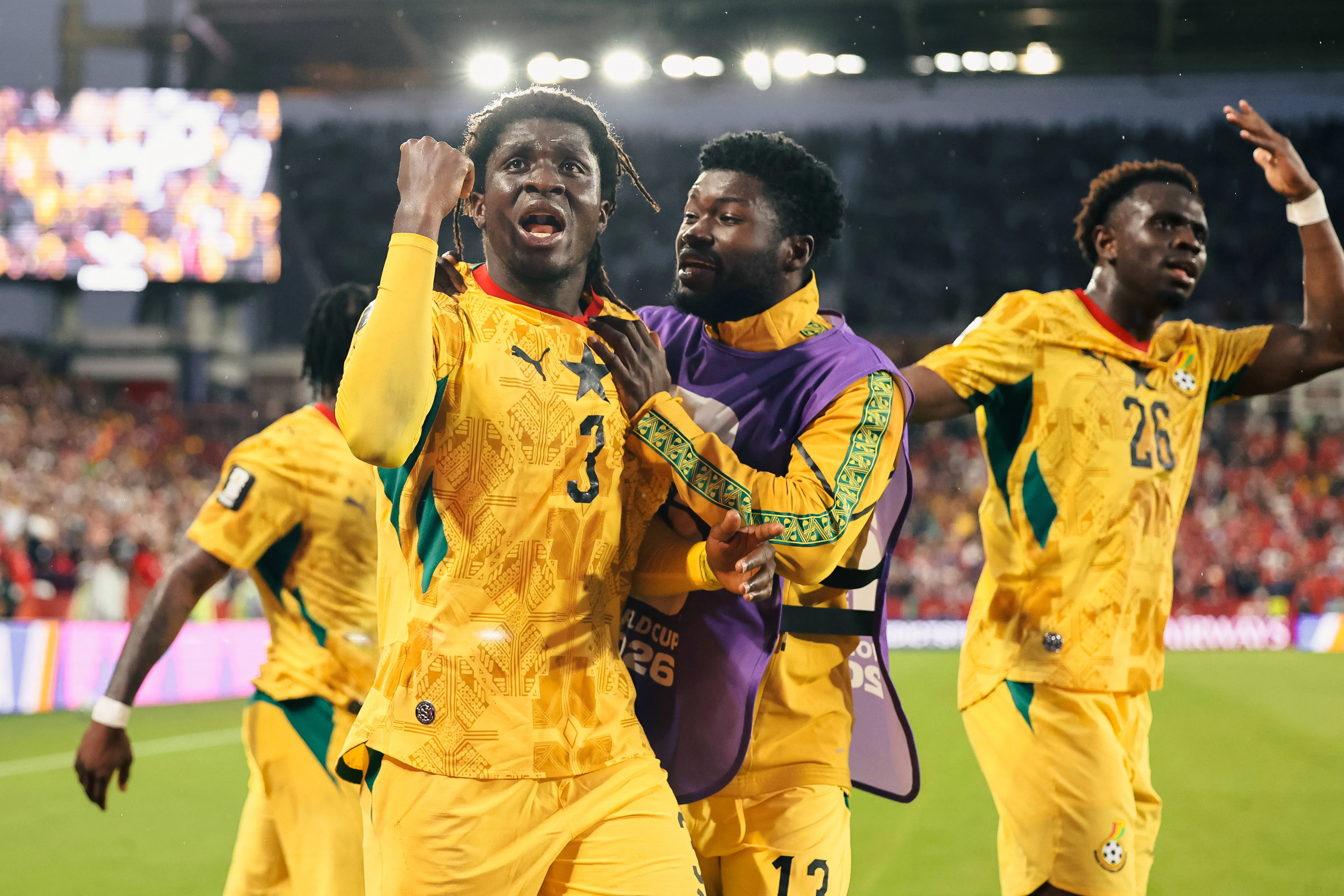 Caleb Yirenkyi Ghana, Christopher Bonsu Baah Ghana, Marvin Senaya Ghana Toronto BMO Field Ontario. June 17, 2026, Soccer, Mens, 2026 FIFA World Cup, Group Stage, Group L, Toronto, Ghana vs. Panama, celebration of the 10 goal, goal scorers