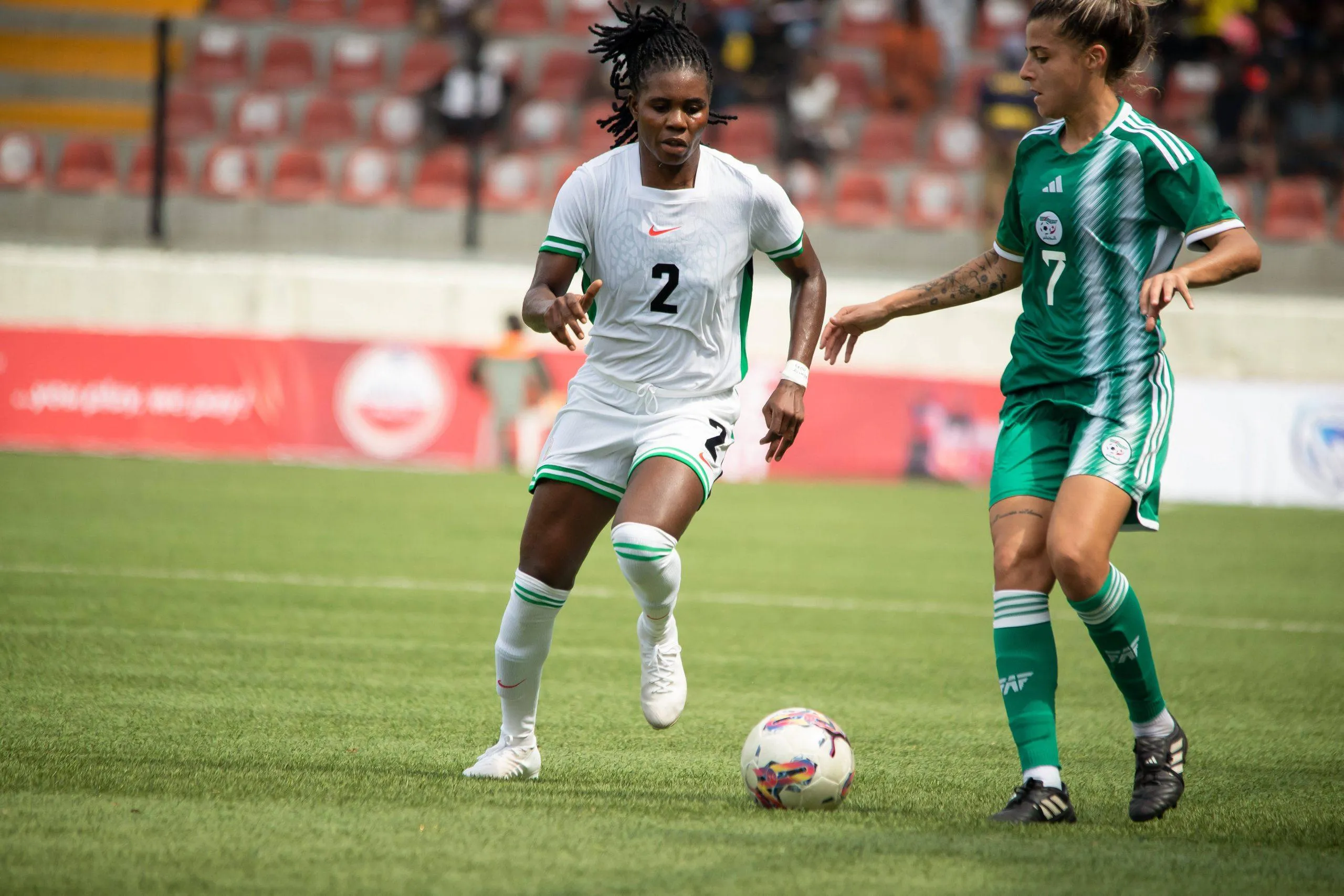 Monday Gift and Morgane Megane Belkhiter during an international friendly match between the Nigeria Super Falcons and Algeria Green Ladies 