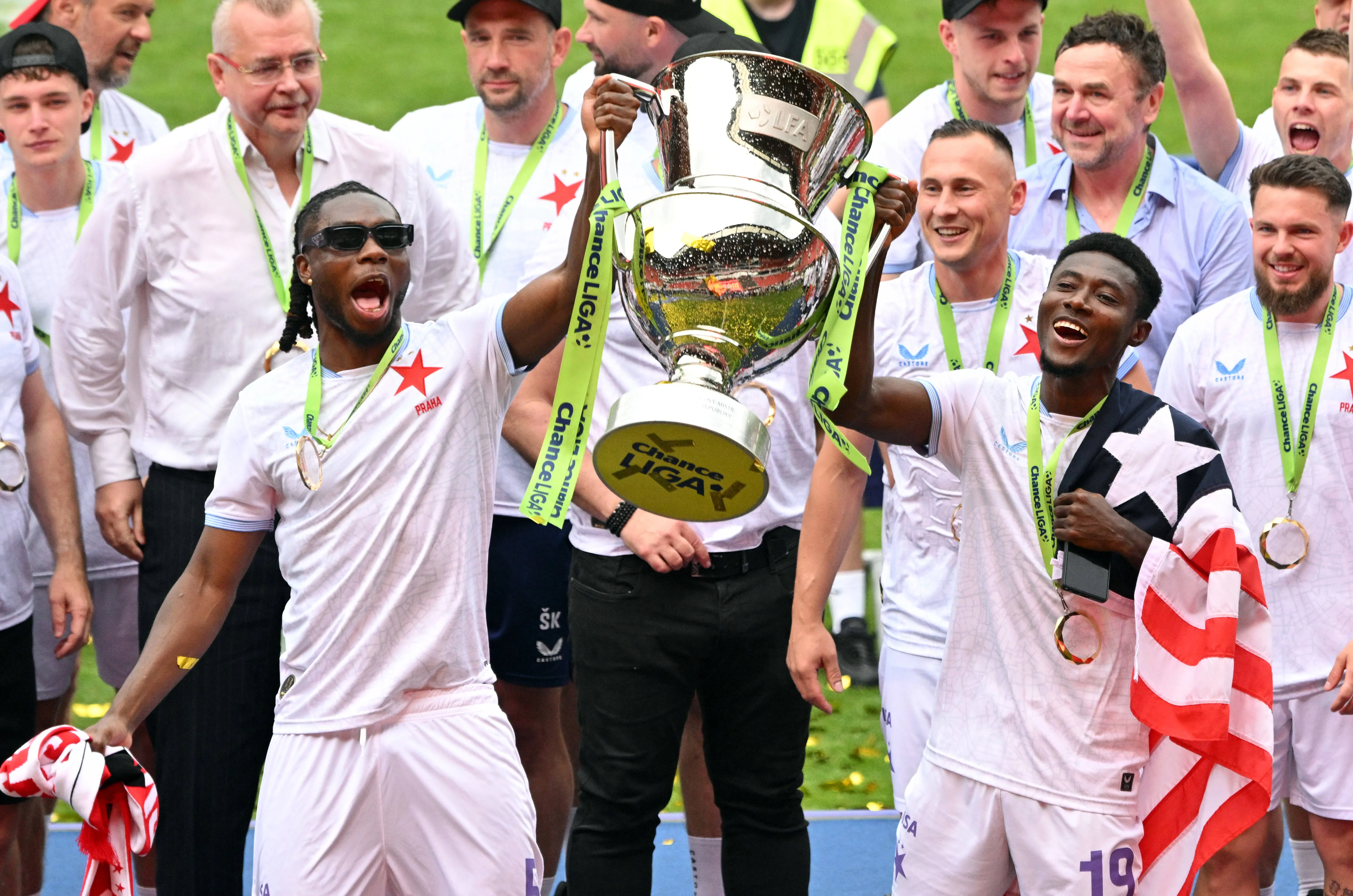 Czech Republic: Slavia Prague players celebrate their league title victory