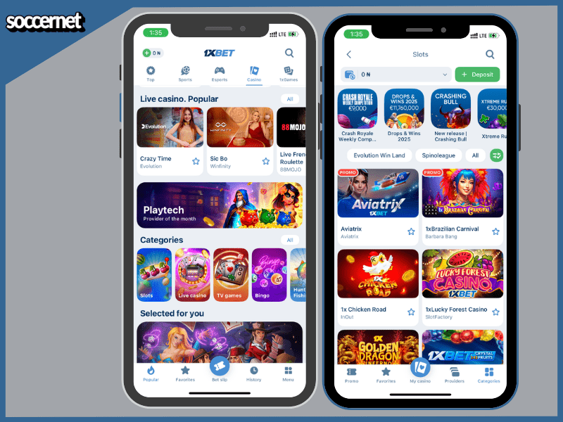 1xBet mobile app interface showing casino lobby with live casino games, slots, and featured game categories