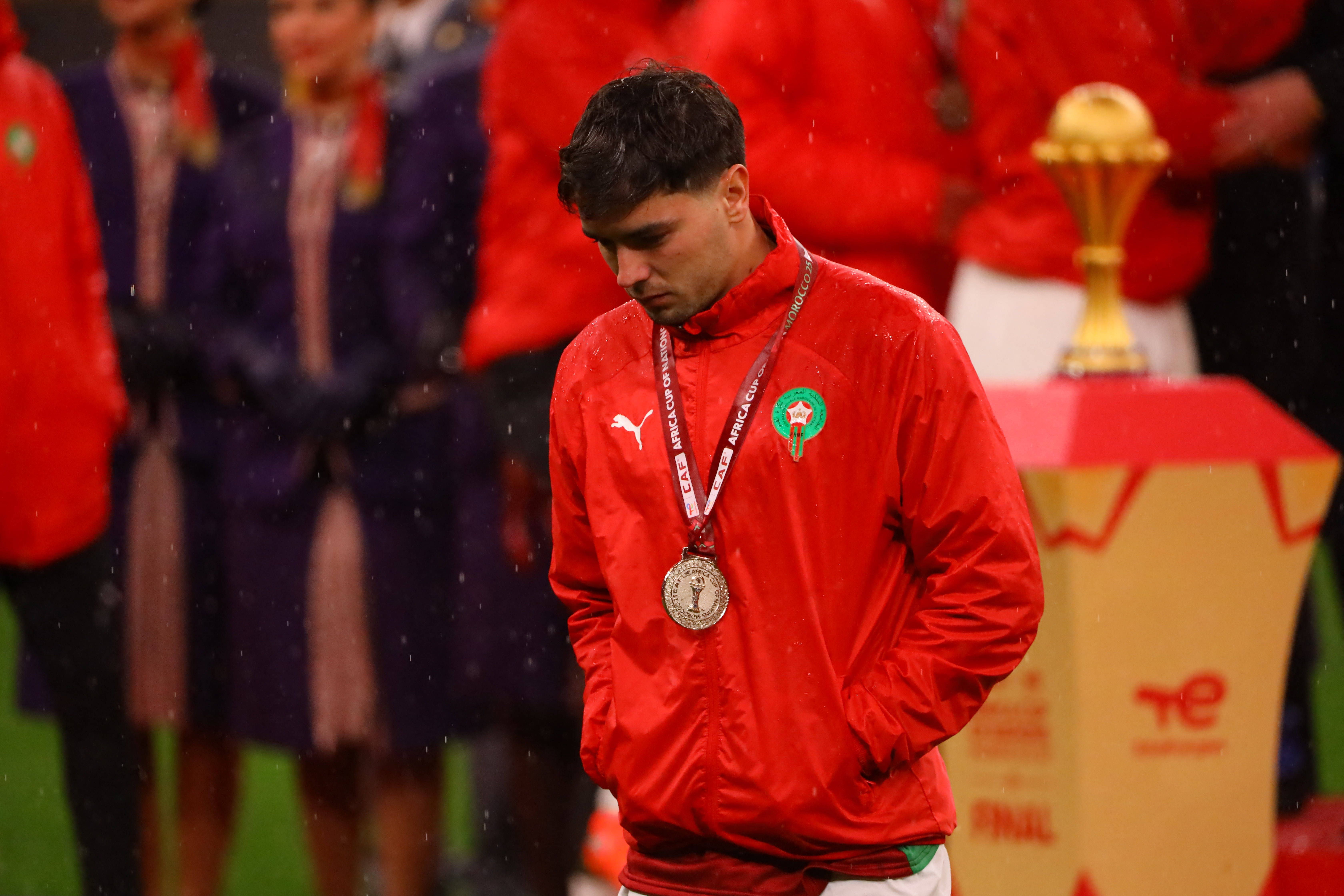 Brahim Diaz reacts with visible sadness after missing a penalty in the final minutes of regular time during the AFCON final against Senegal