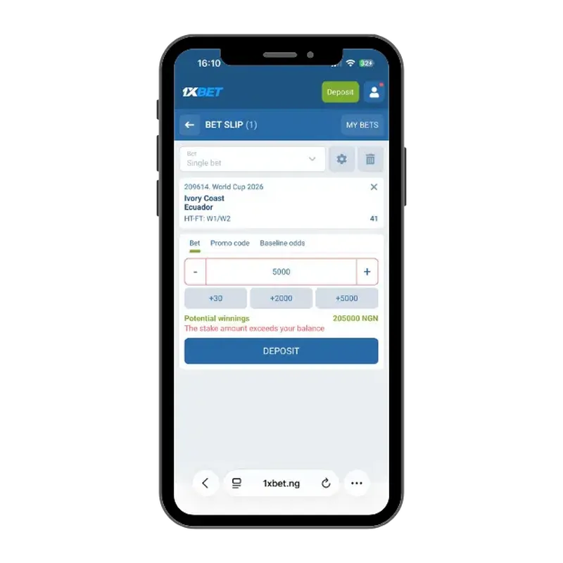 1xBet bet slip with a 1/2 HT/FT selection on Ivory Coast vs Ecuador, ₦5,000 stake, and potential payout displayed.