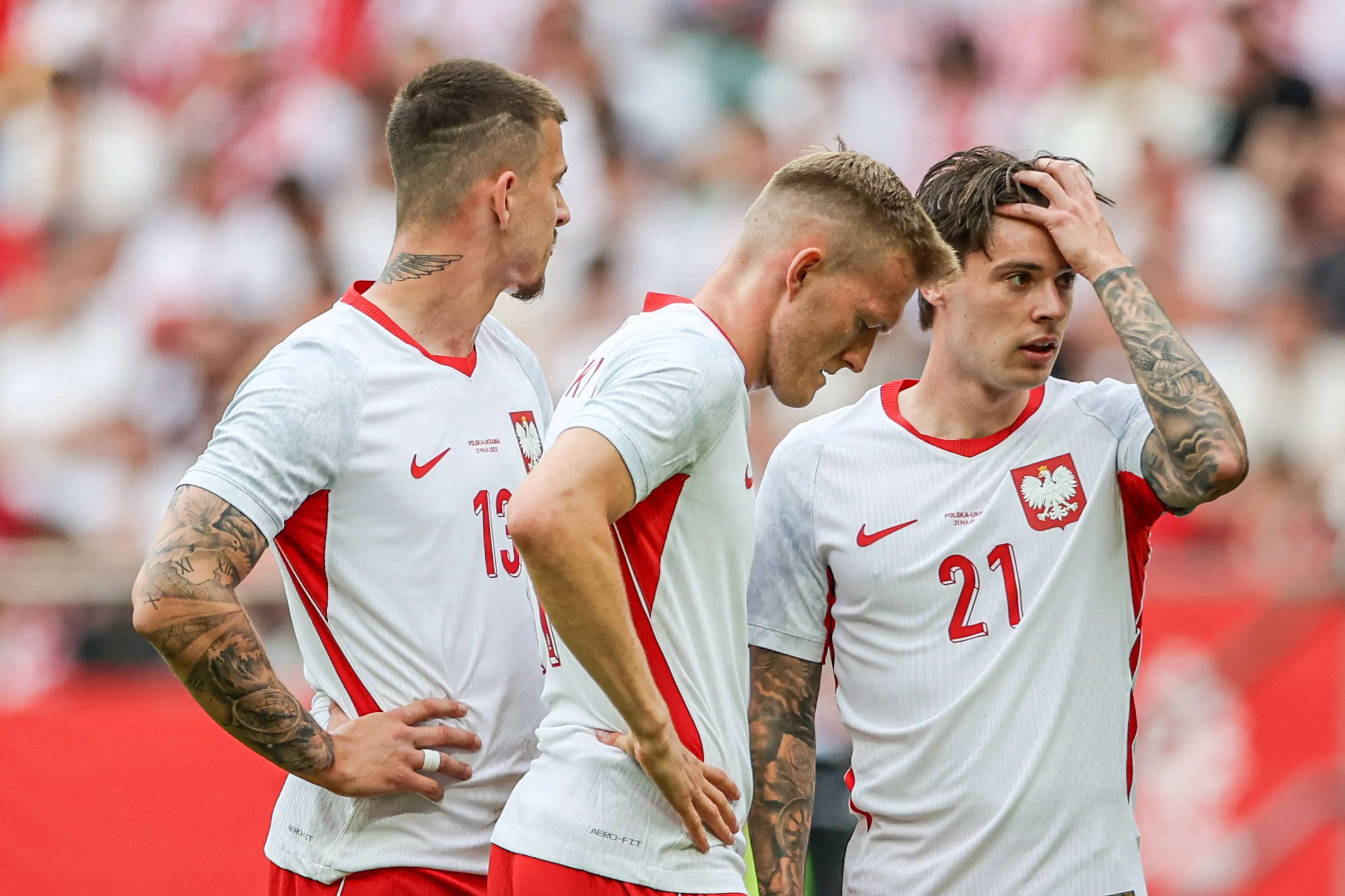 Poland and Ukraine Mateusz Zukowski of Poland L, Karol Swiderski of Poland C and Nicola Zalewski of Poland R seen during Friendly Match 2026 football match between Poland and Ukraine at Tarczynski Arena Wroclaw . Final score Poland 0:2 Ukraine. Wroclaw Poland 