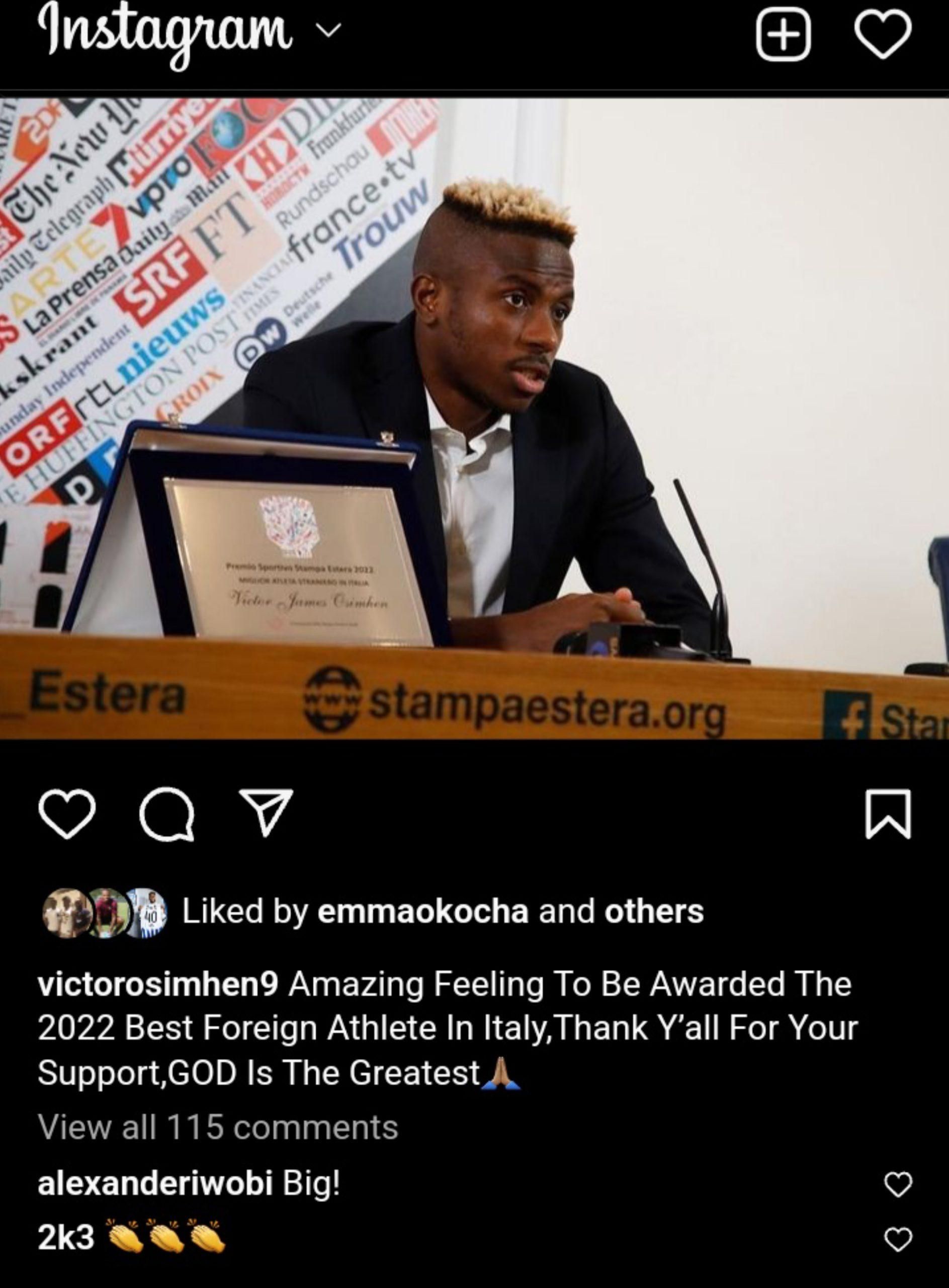 Victor Osimhen, 2022 Best Foreign Athlete in Italy