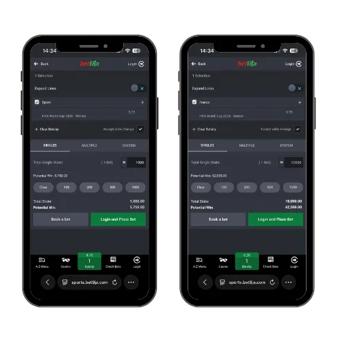 Bet9ja betslip with World Cup 2026 outrights bets on Spain and France to win the tournament.