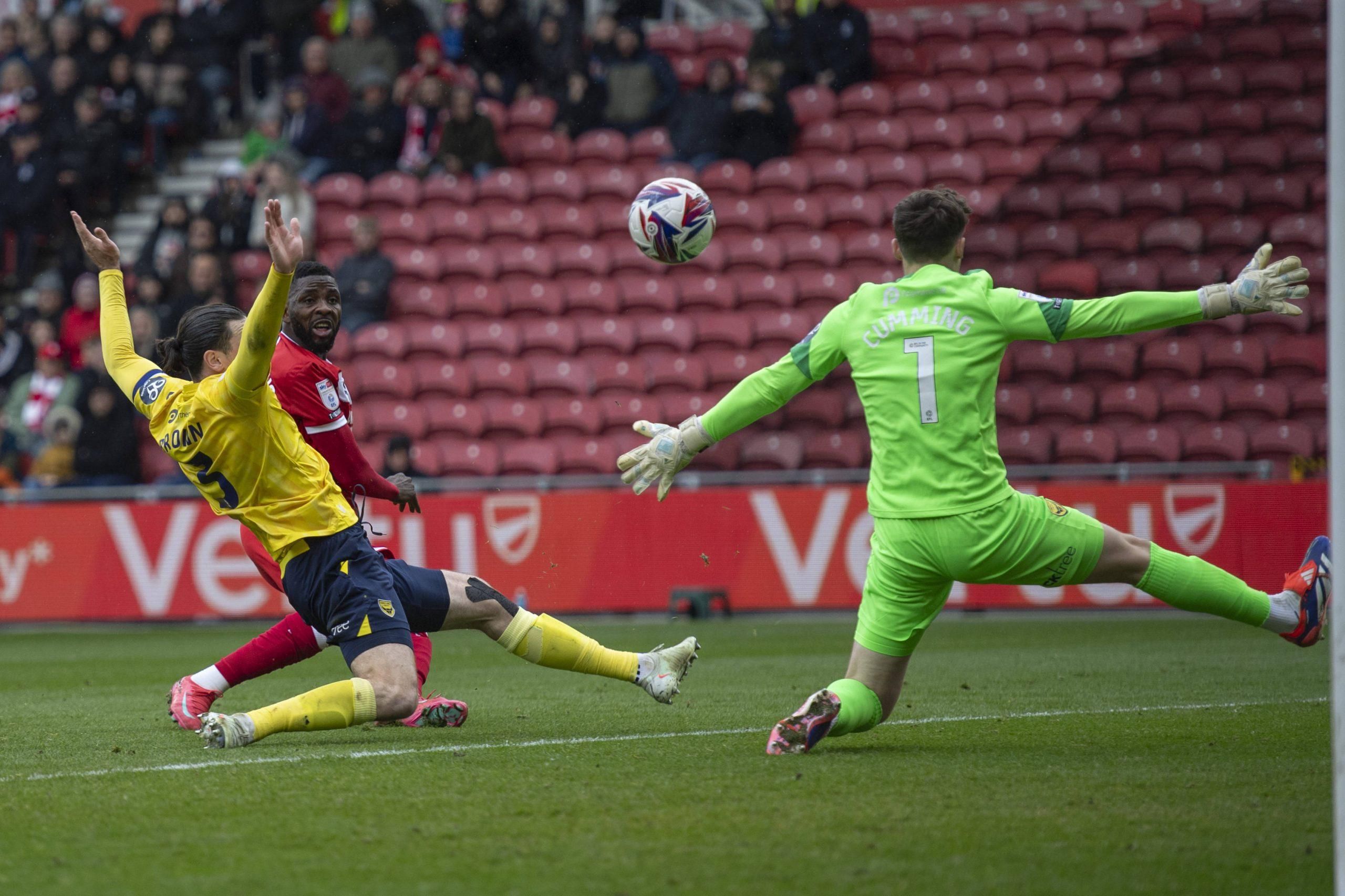 Kelechi Iheanacho shoots on goal during the Sky Bet Championship match between Middlesbrough and Oxford United at the Riverside Stadium in Middlesbrough