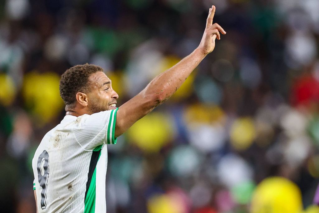 Cyriel Dessers protests after a tackle during the Unity Cup London 2025 match between Ghana and Nigeria at Gtech Community Stadium