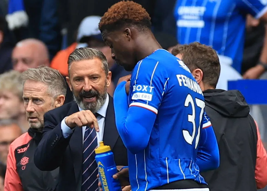 Derek McInnes Rangers Manager gives instructions to Emmanuel Fernandez