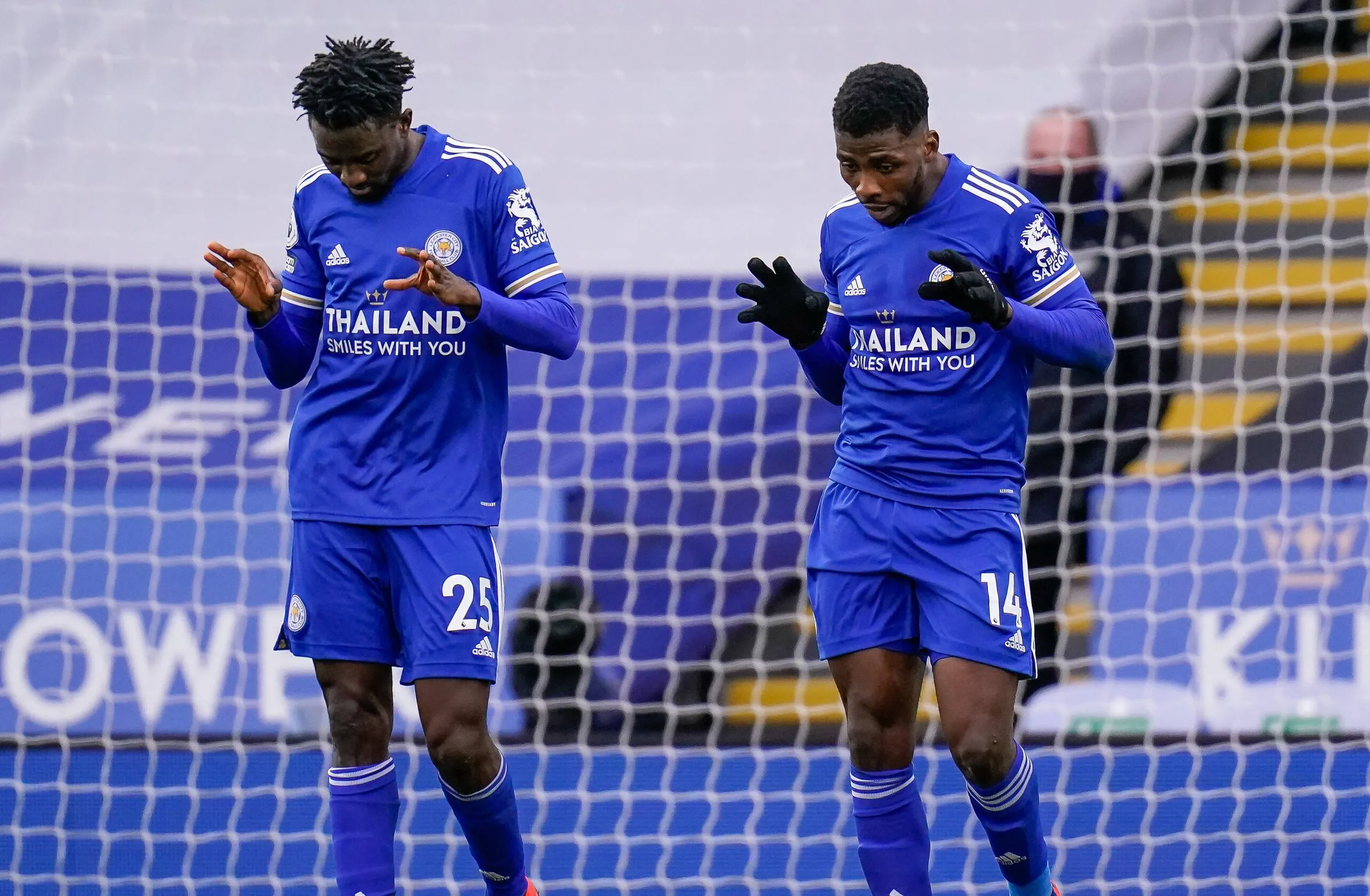 Kelechi Iheanacho 14 of Leicester City right celebrates with Wilfred Ndidi 25 of Leicester City after he scores the opening goal during the Premier League behind closed doors match between Leicester City and Sheffield United at the King Power Stadium, Leicester, England on 14 March 2021.