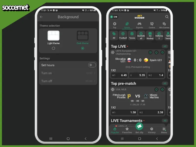 Betwinner app dark themed interface