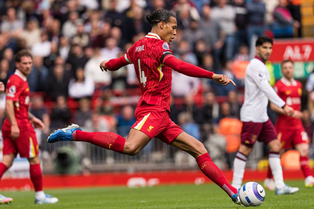 Virgil van Dijk is in action during the Premier League match between Liverpool and West Ham United at Anfield in Liverpool, England