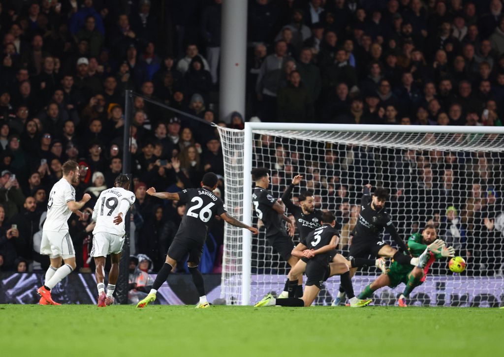 Samuel Chukwueze scoring their fourth goal during the Fulham vs Manchester City
