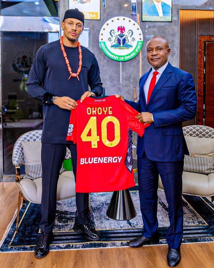 Super Eagles goalkeeper Maduka Okoye and Gov Peter Mbah