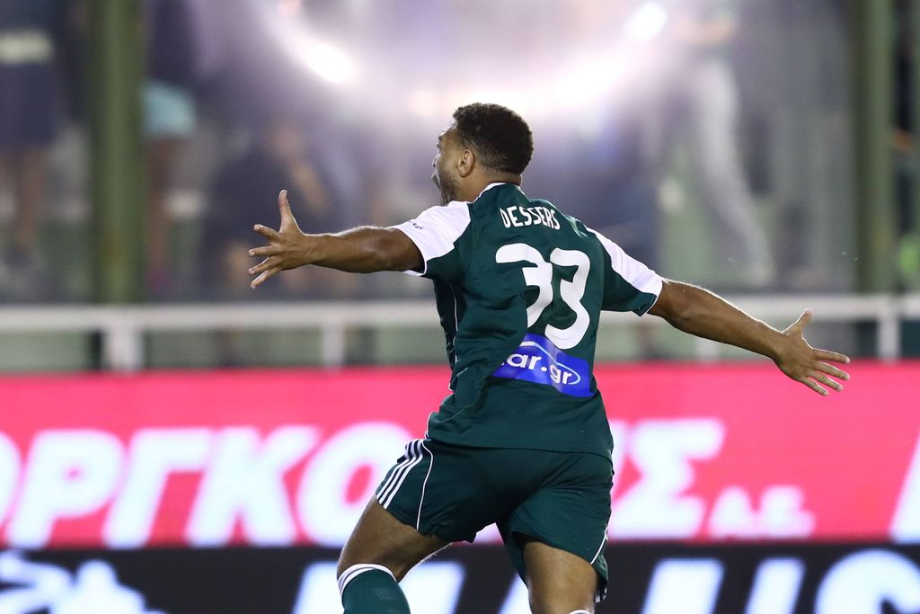 CYRIEL DESSERS celebrates after scoring the 1-0 during the SuperLeague regular season soccer match between Panathinaikos FC and Olympiacos FC held at Apostolos Nikolaidis Stadium in Athens, Greece