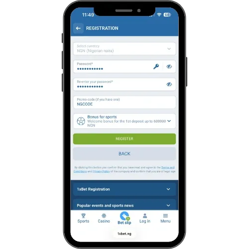 Registration on 1xBet with the promo code NGCODE.