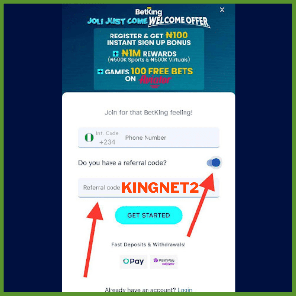 BetKing registration form with KINGNET2 entered in the referral code field.