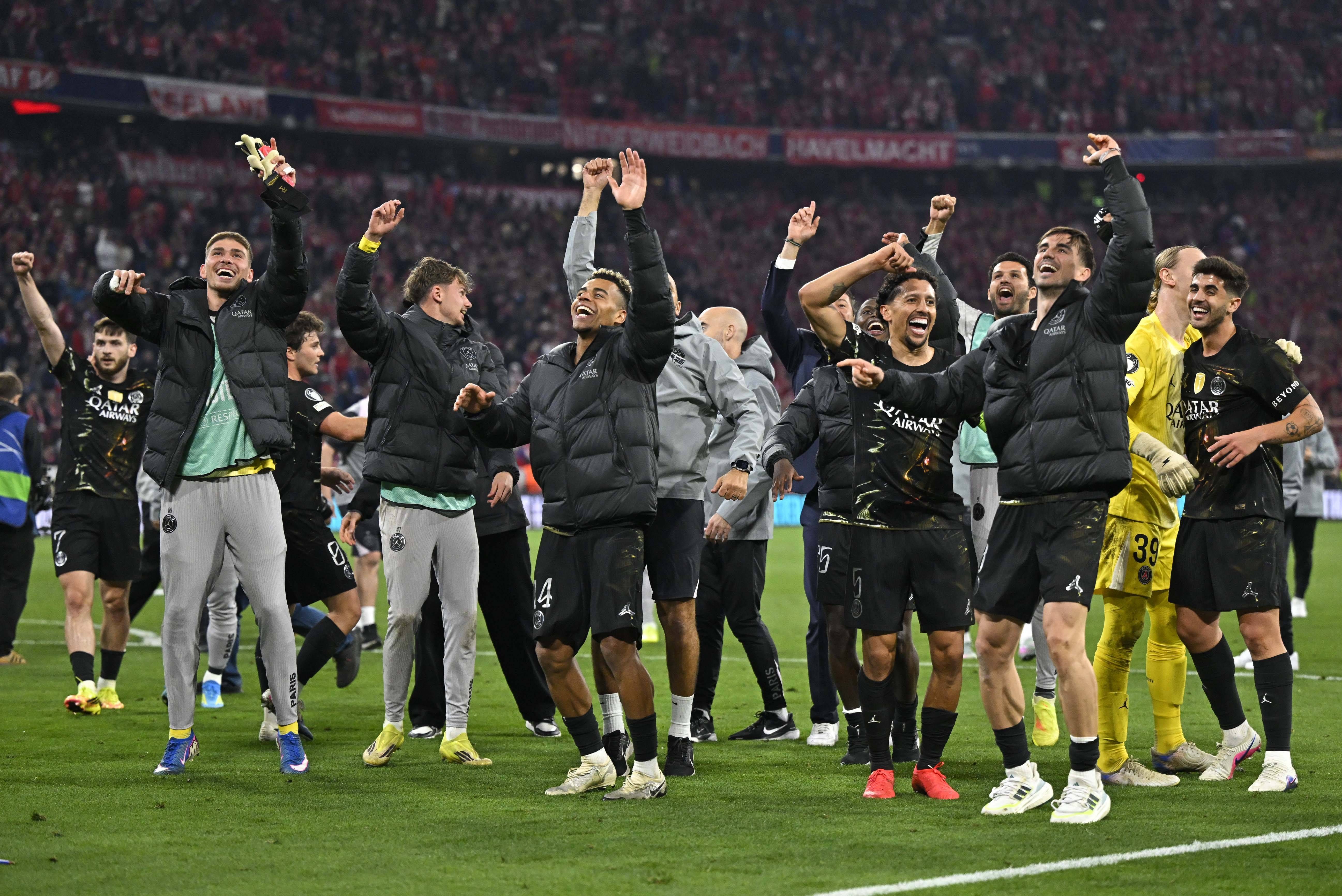 The PSG players celebrate and dance after their Champions League win over Bayern Munich.