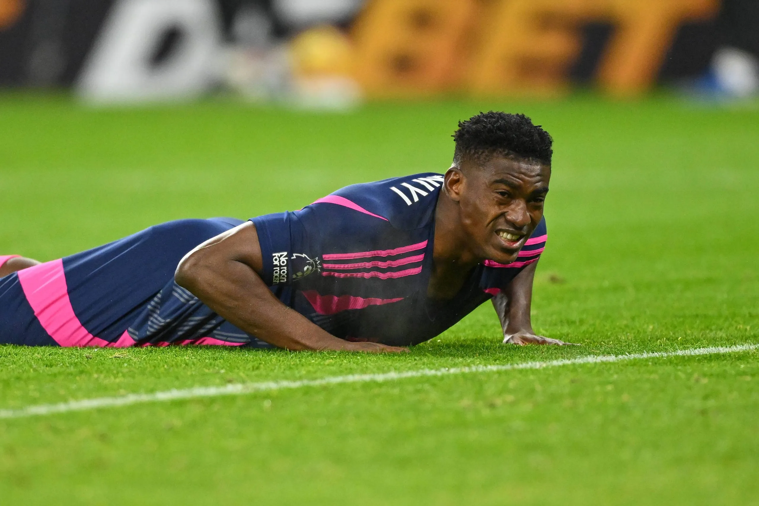 Taiwo Awoniyi of Nottingham Forest reacts after a missed opportunity in Premier League match between Wolves and Nottingham Forest at Molineux