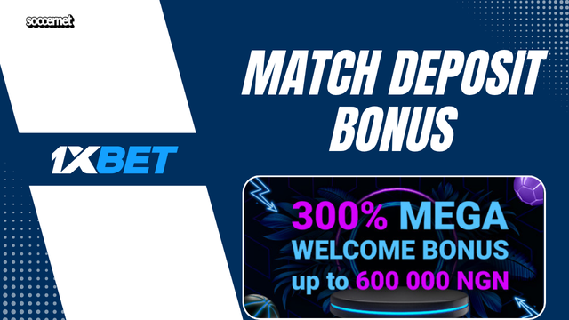 Banner showing 1xBet match deposit bonus as an example of betting sites with welcome bonus that matches a new player’s first deposit for more betting value.