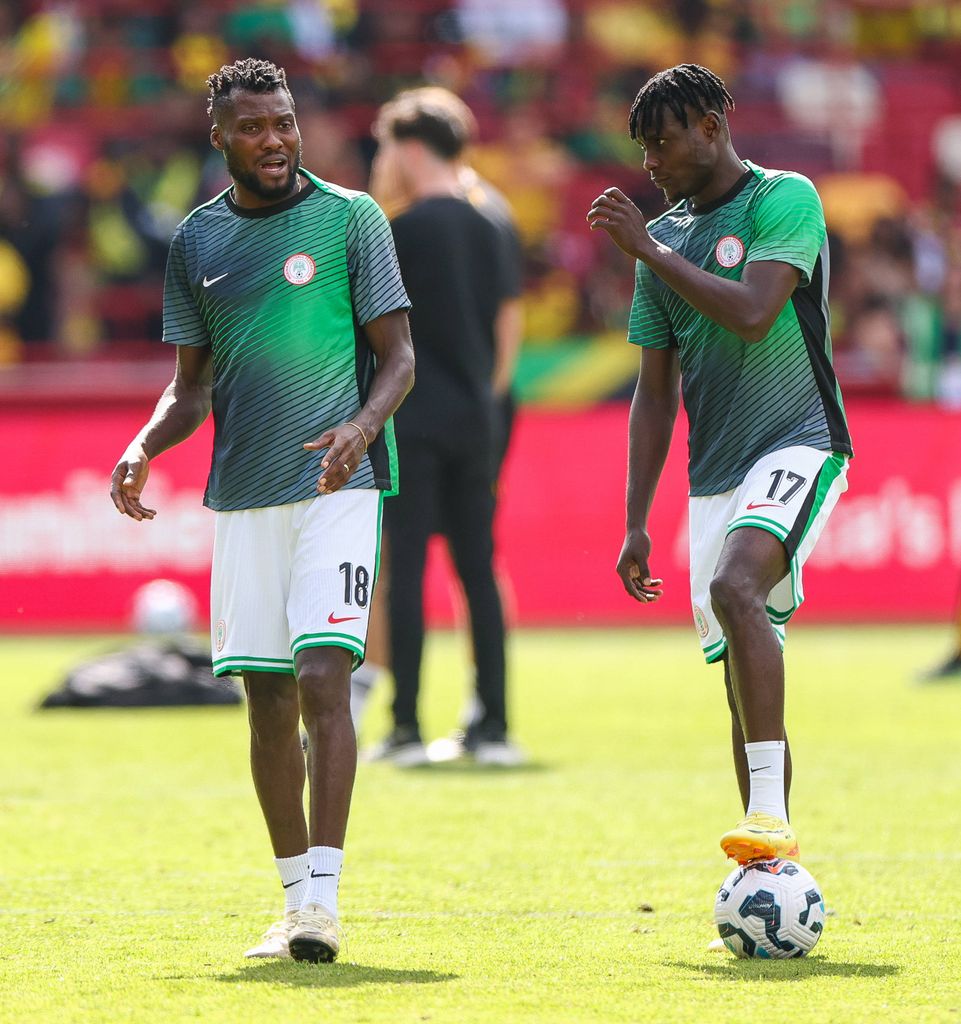 Sikiru Alimi and Junior Nduka warm up prior to the Unity Cup Final, London 2025 match between Jamaica and Nigeria at Gtech Community Stadium