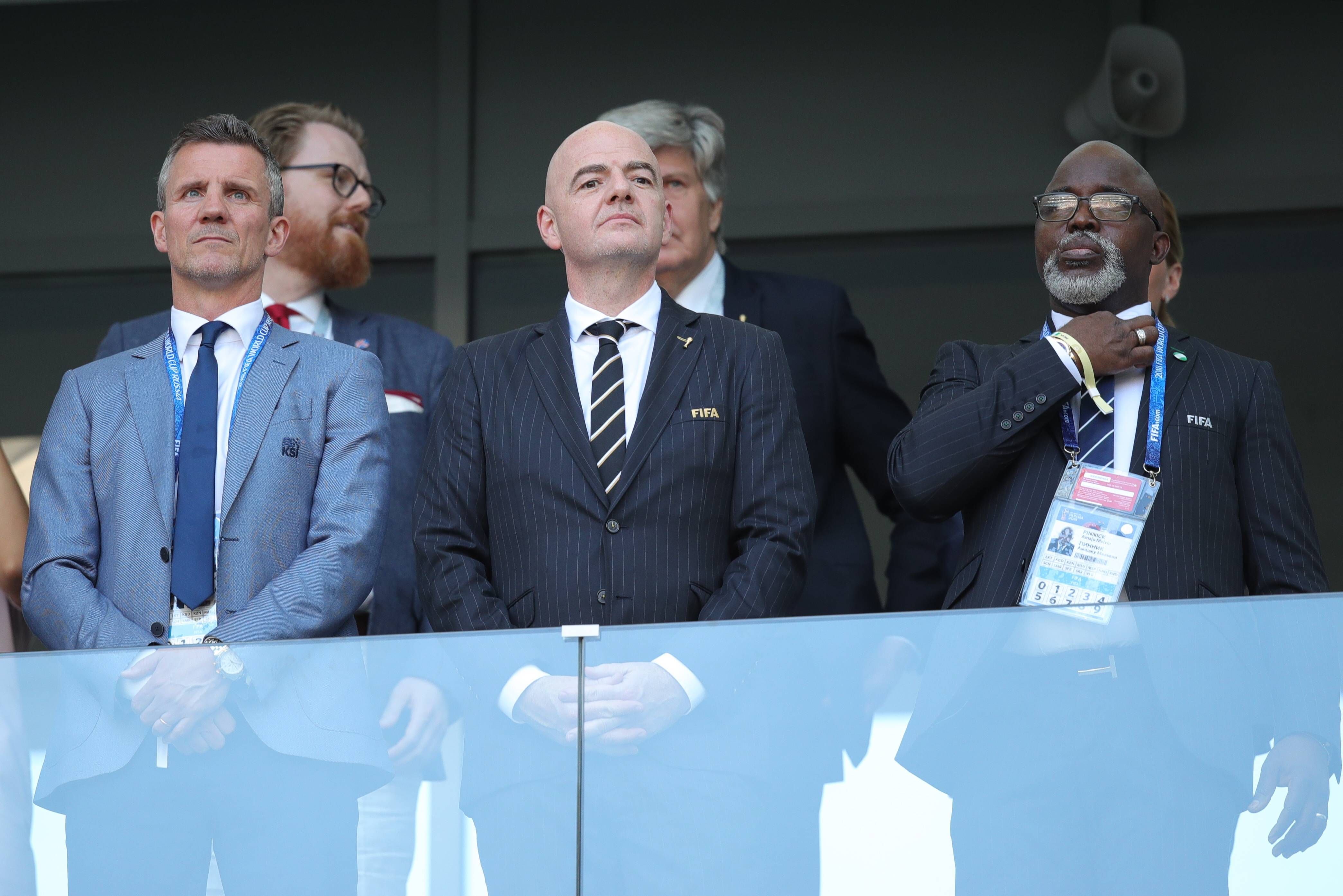Football Association of Iceland (KSI) President Gudni Bergsson, FIFA President Gianni Infantino, and Nigeria Football Federation (NFF) President Amaju Melvin Pinnick (L-R) 