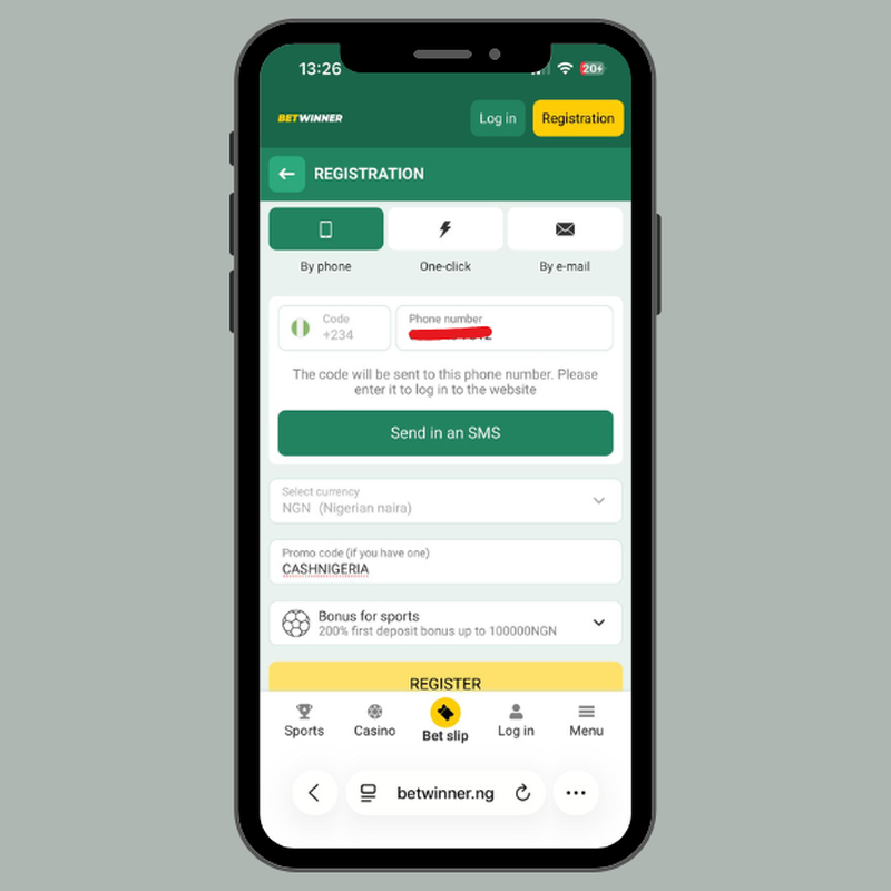 Betwinner registration page for phone number signup with the promo code field filled with “CASHNIGERIA” and a yellow Register button.